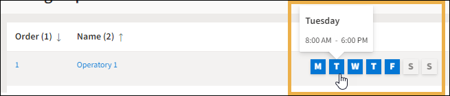 Manage Operatory window with curser hovering over days of week showing the days active hours.